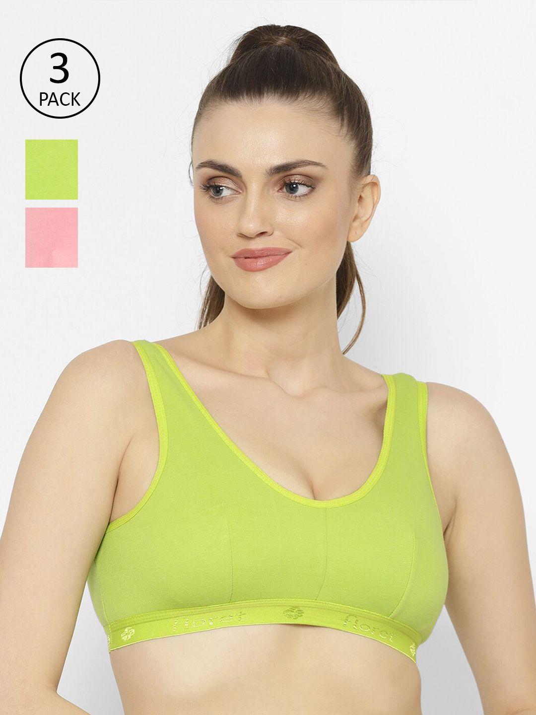 floret lime green & pink set of 3 non wired non padded workout  bra