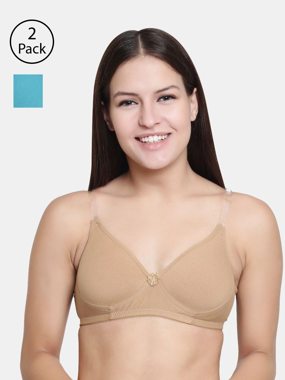 floret pack of 2 nude-coloured & blue solid non-wired lightly padded t-shirt bra