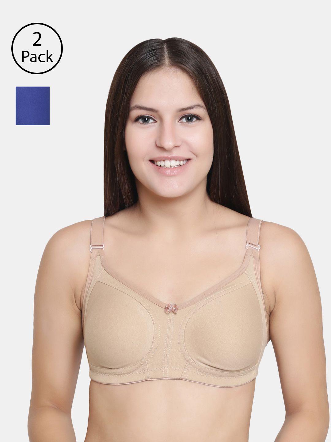 floret pack of 2 nude-coloured & blue solid non-wired non padded minimizer bra t3033