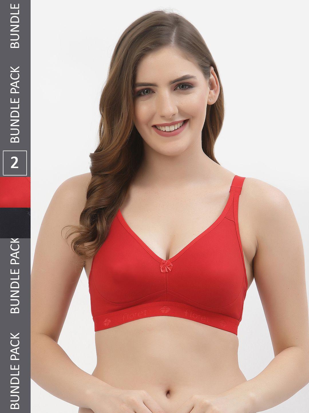floret pack of 2 red & navy blue solid non-wired non padded t-shirt bra t3050