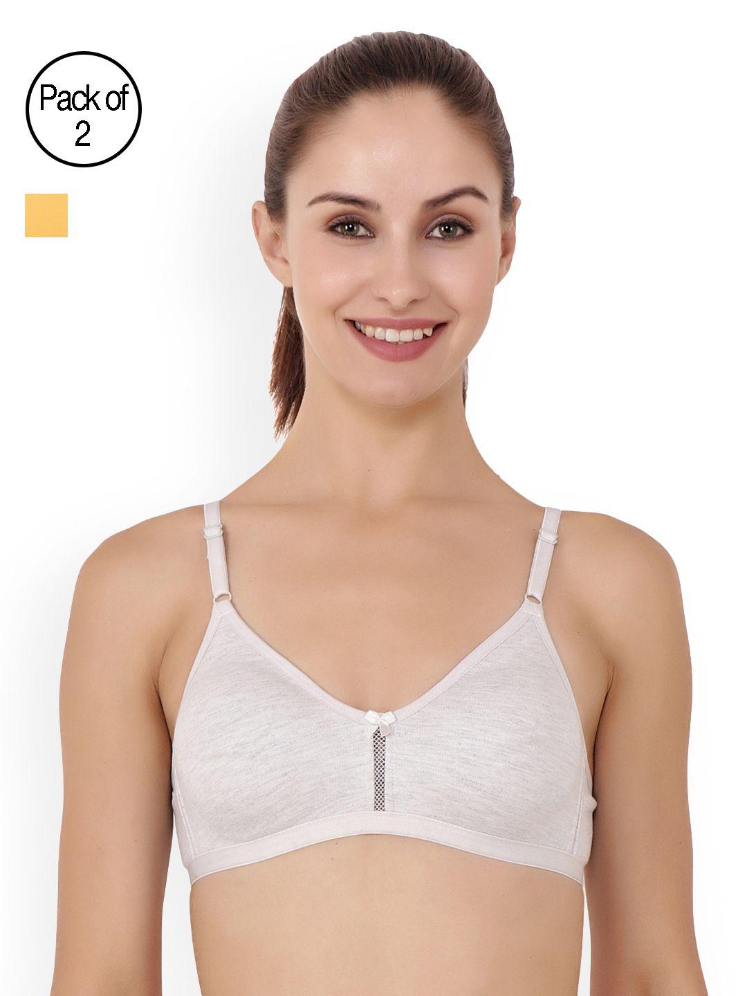 floret pack of 2 mustard & grey melange solid non-wired non padded t-shirt bras