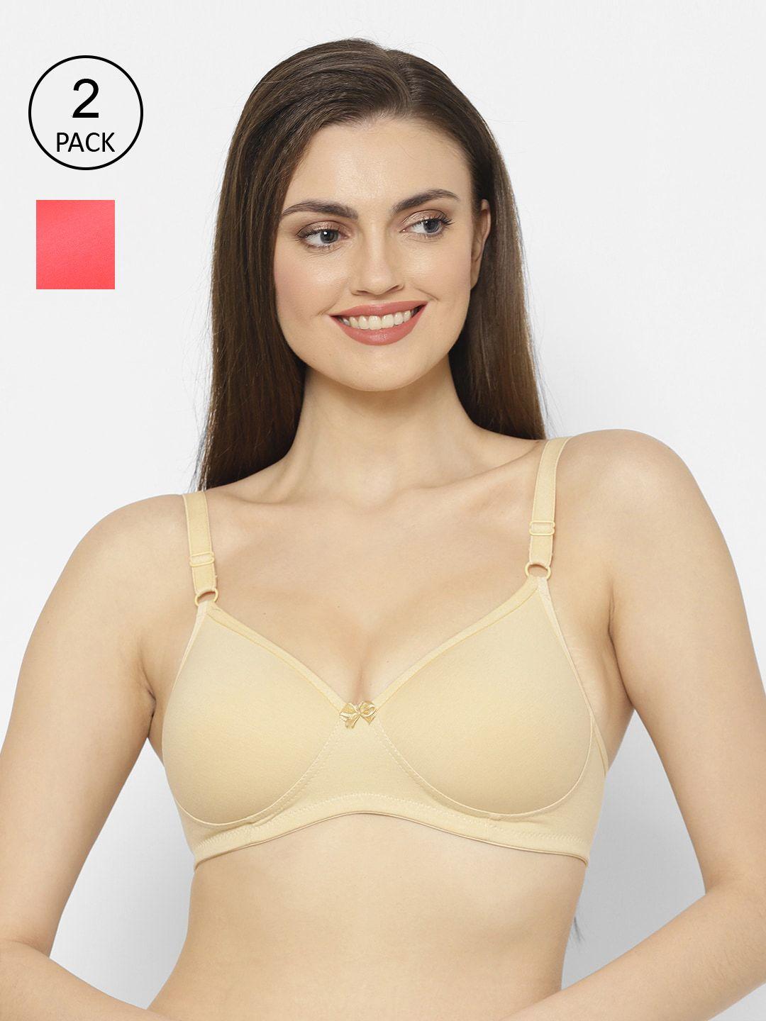 floret pack of 2 peach-coloured & beige solid non-wired lightly padded push-up bra t3052