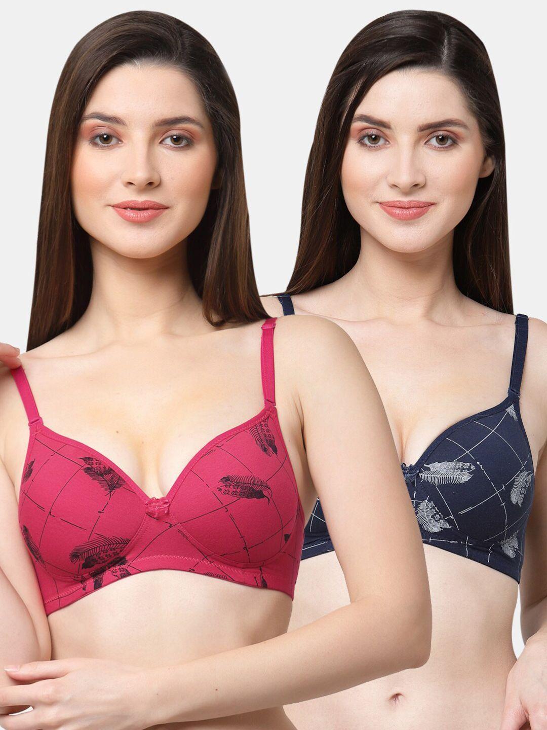 floret pack of 2 red & navy blue graphic printed push-up bra - lightly padded