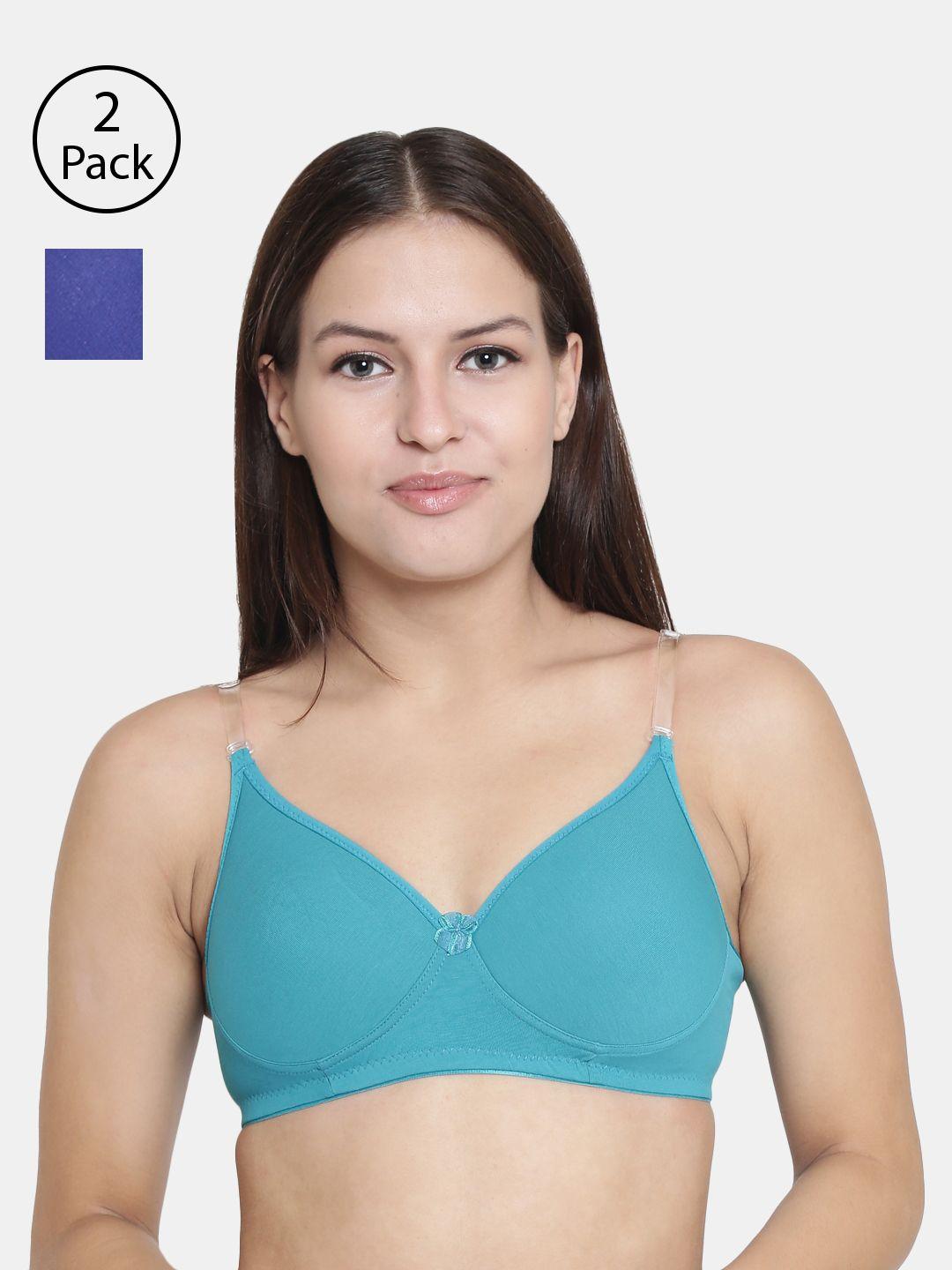 floret pack of 2 turquoise blue & blue solid non-wired lightly padded t-shirt bra f20560