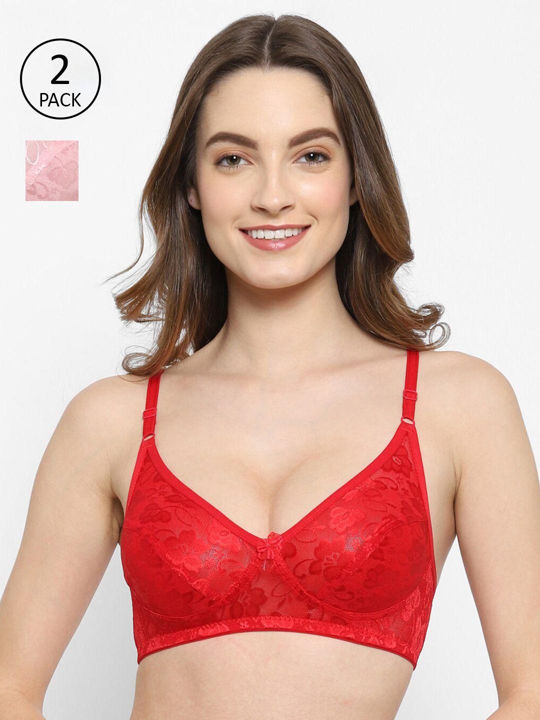 floret red & pink set of 2 self design t-shirt bra