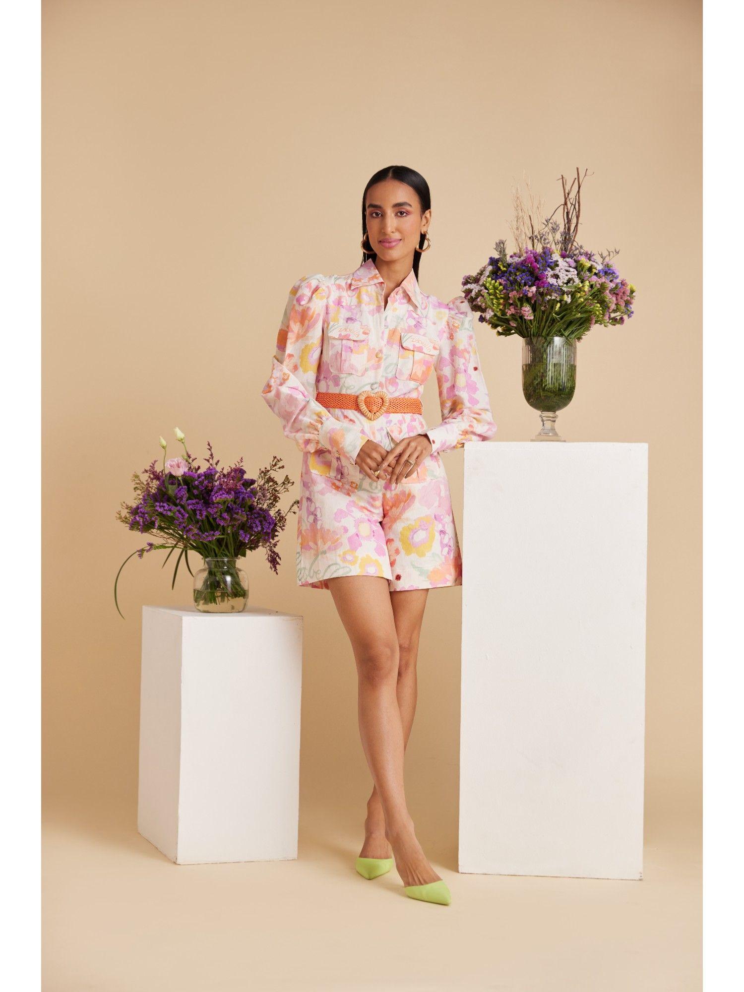 florid print linen playsuit