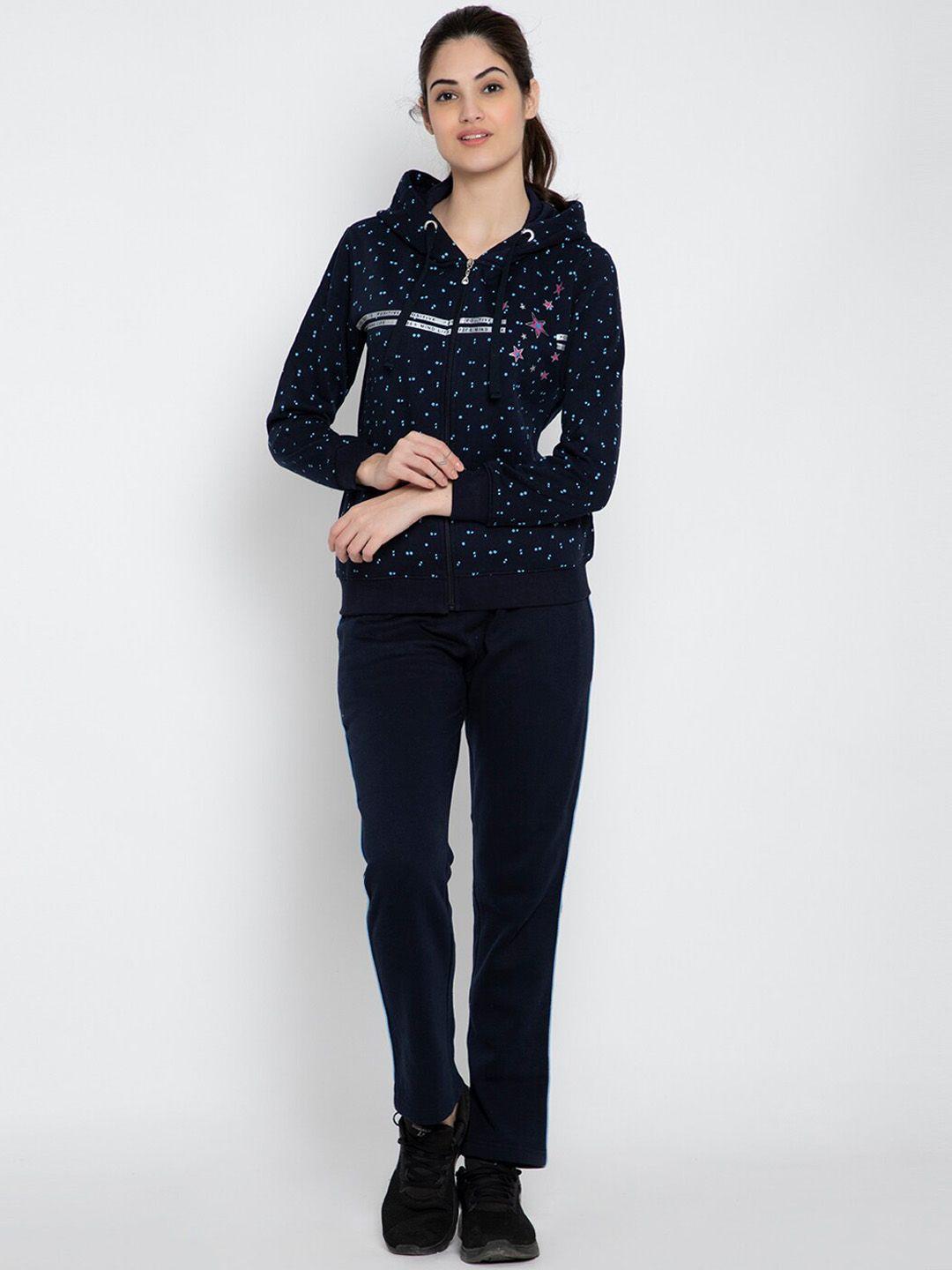 flosberry women navy blue printed cotton tracksuit