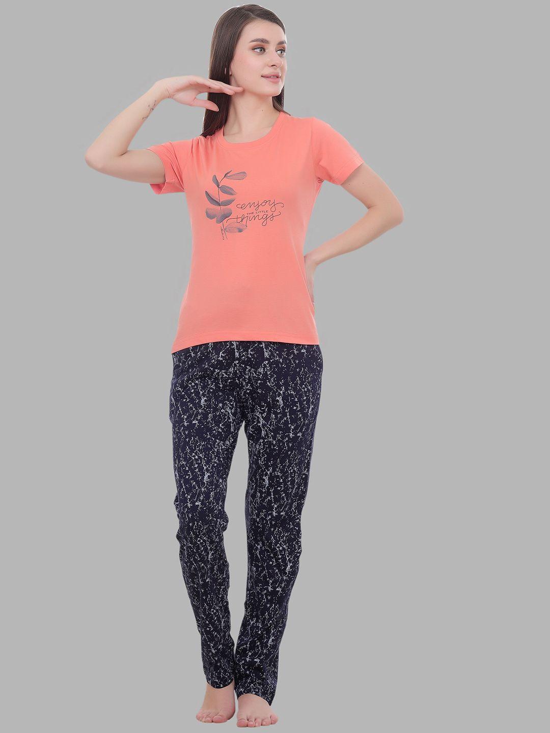 flosberry women peach-coloured & blue printed night suit