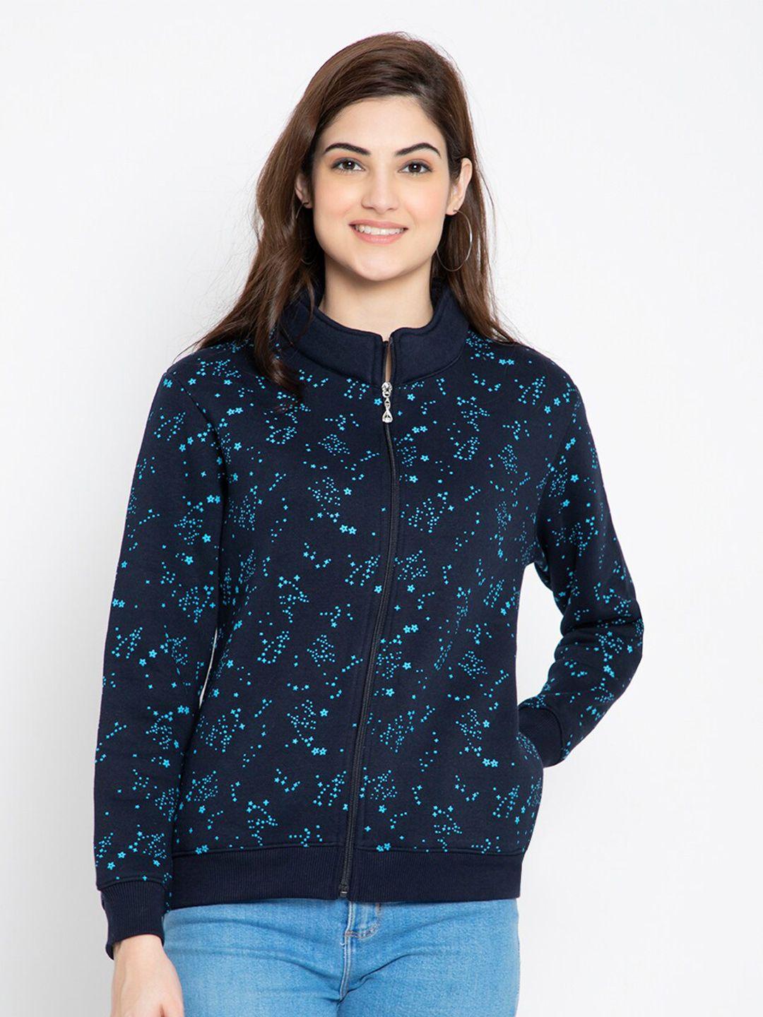 flosberry women navy blue printed fleece sweatshirt