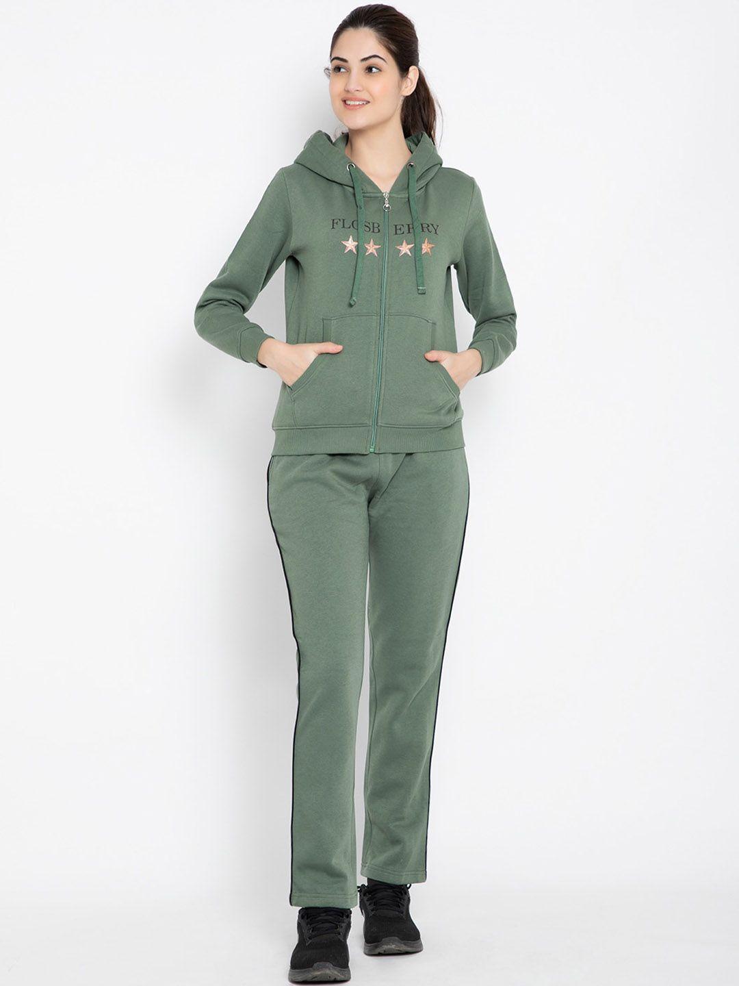 flosberry women olive green printed cotton tracksuits