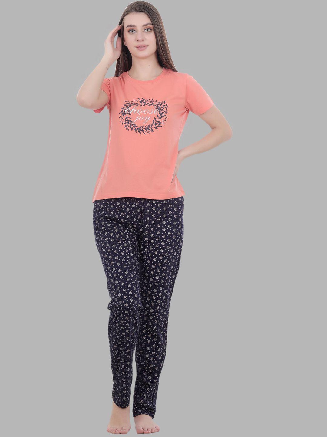 flosberry women peach-coloured & navy blue printed night suit