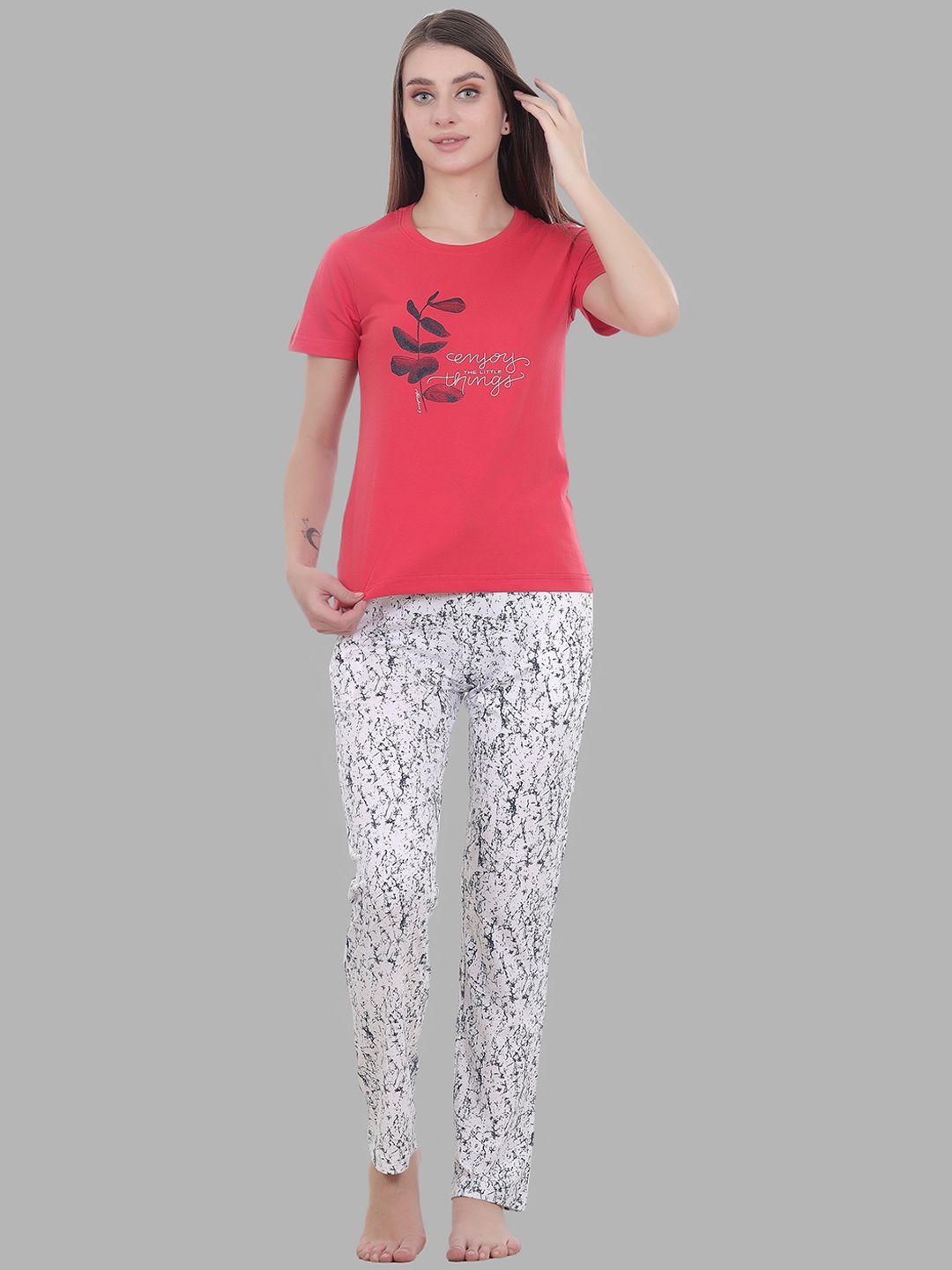 flosberry women red & white printed night suit