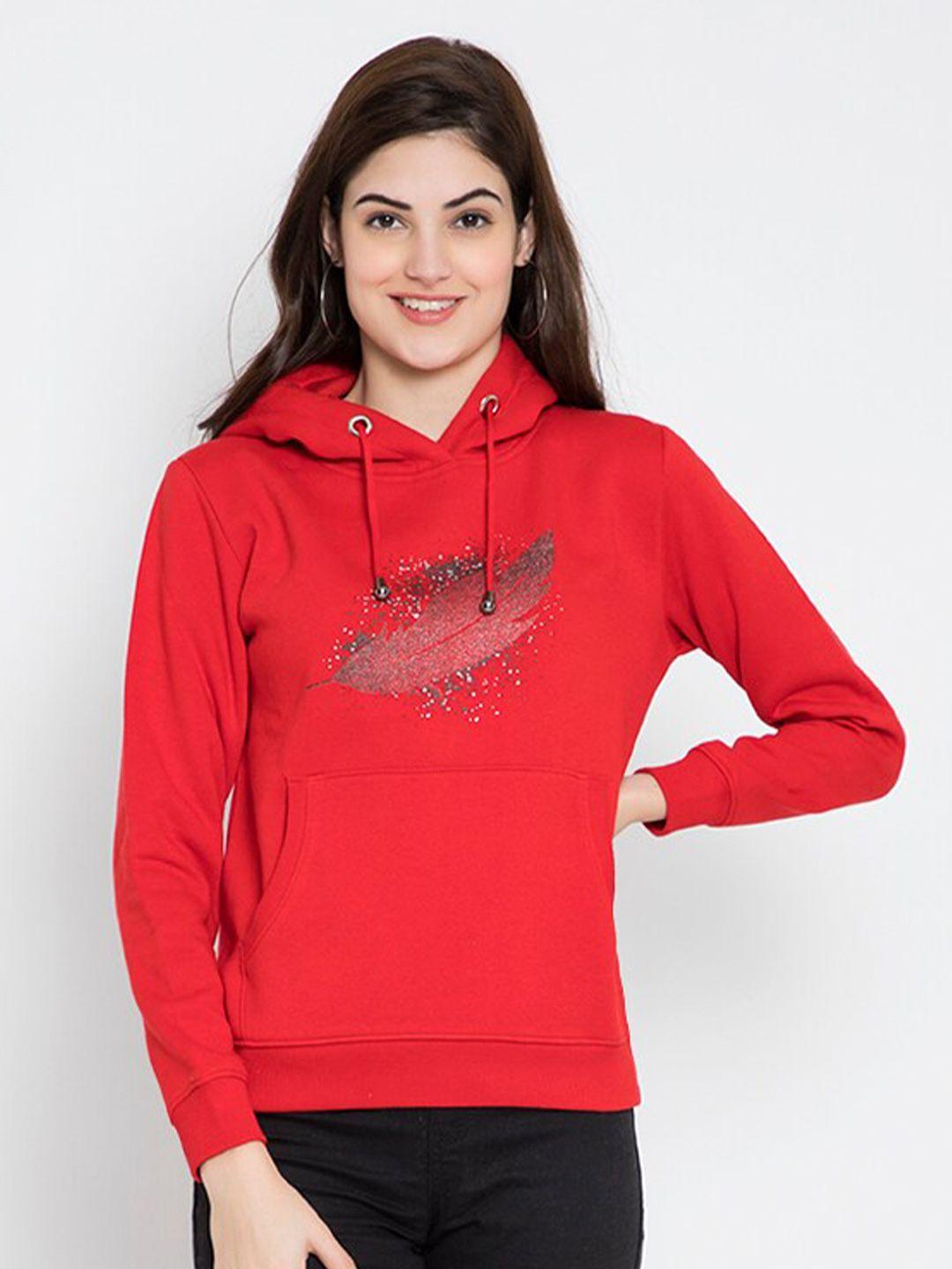 flosberry women red printed fleece hooded sweatshirt