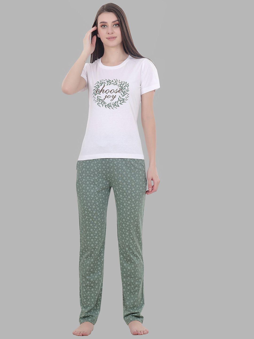 flosberry women white & green printed night suit