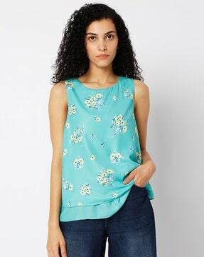 flossy floral print round-neck top