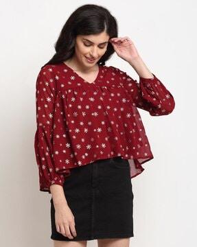 flounce sleeves v-neck foil print top