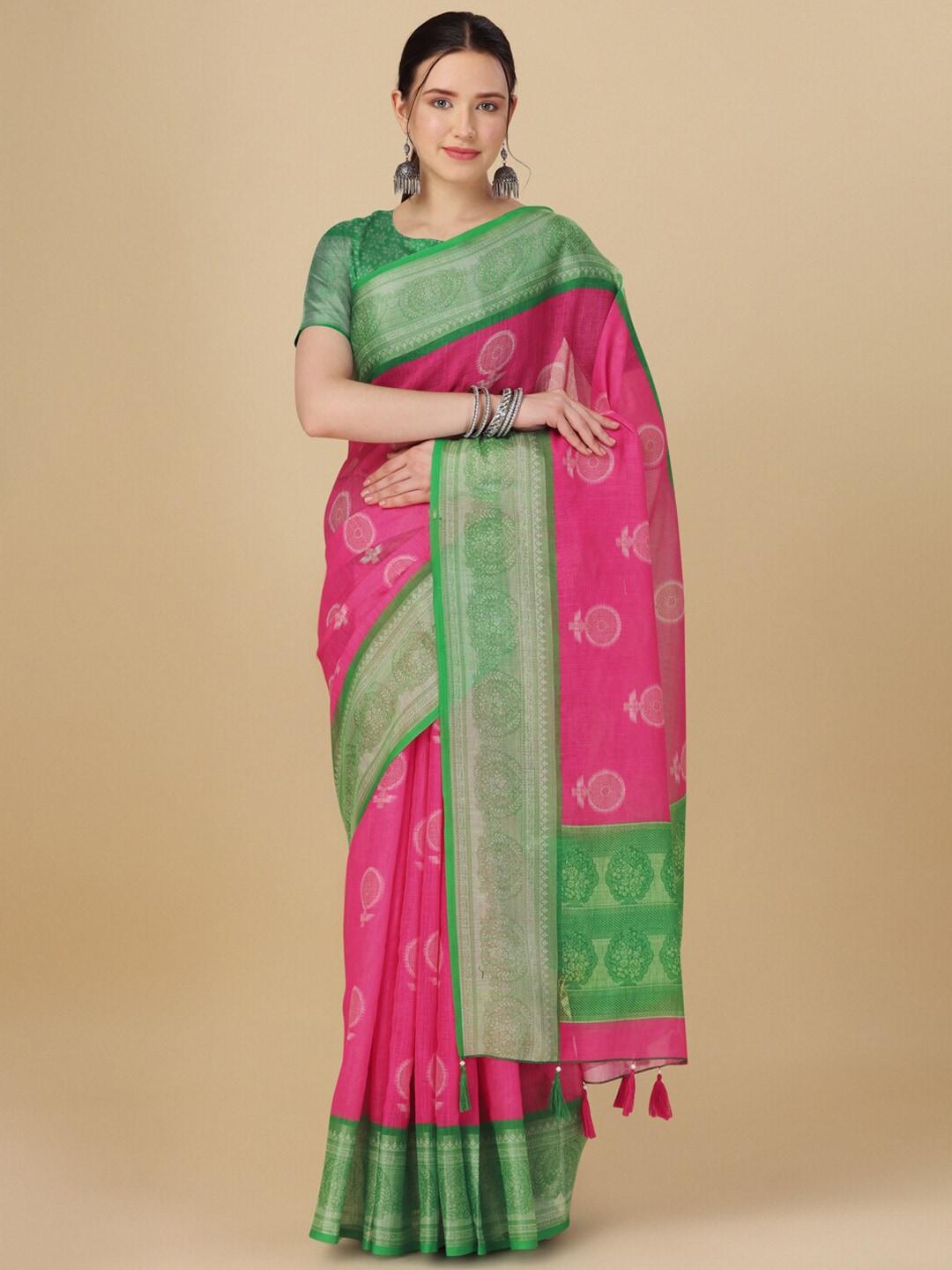 flourious ethnic motifs woven design zari pure linen banarasi saree