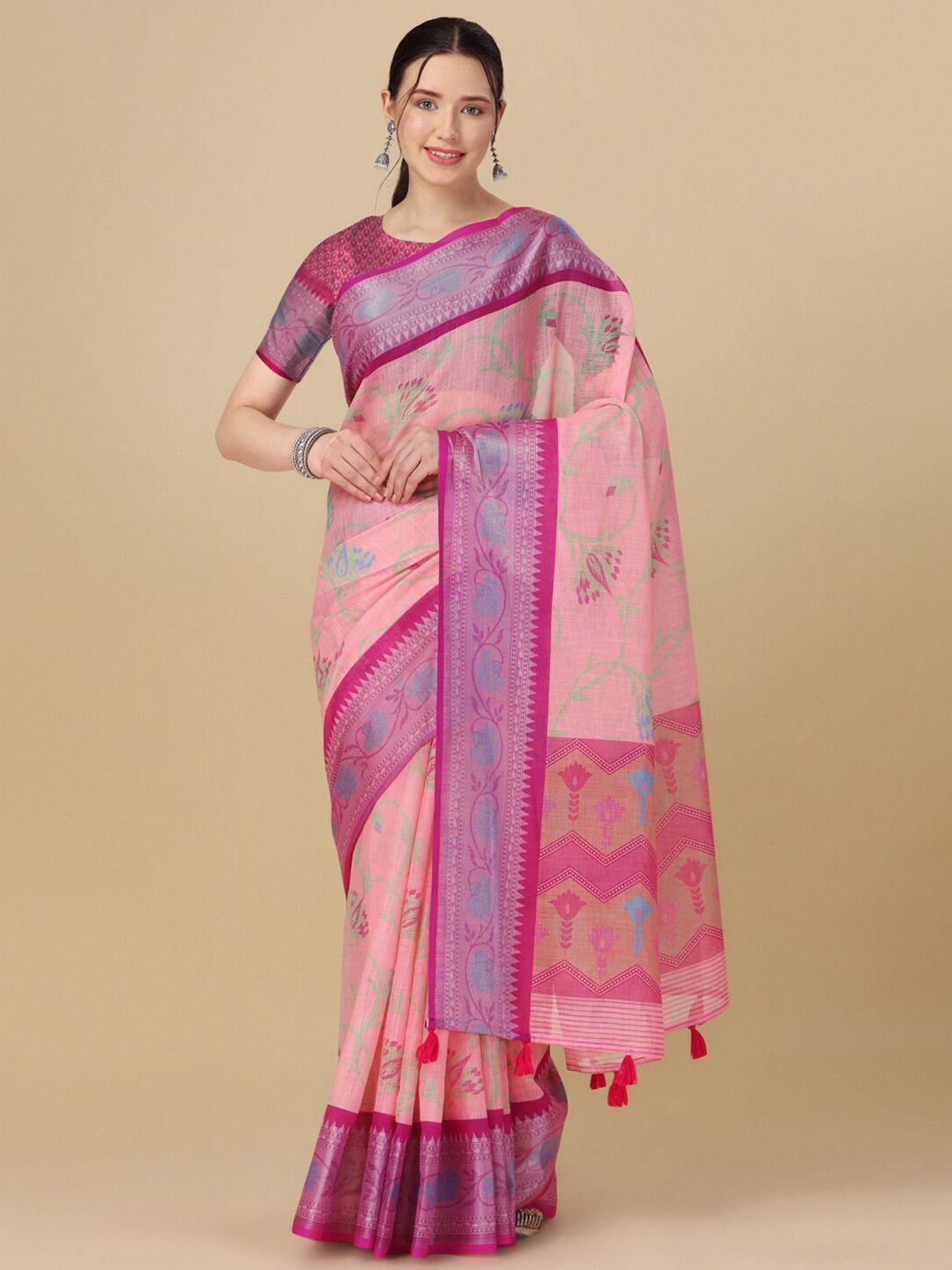 flourious floral printed zari pure linen banarasi saree