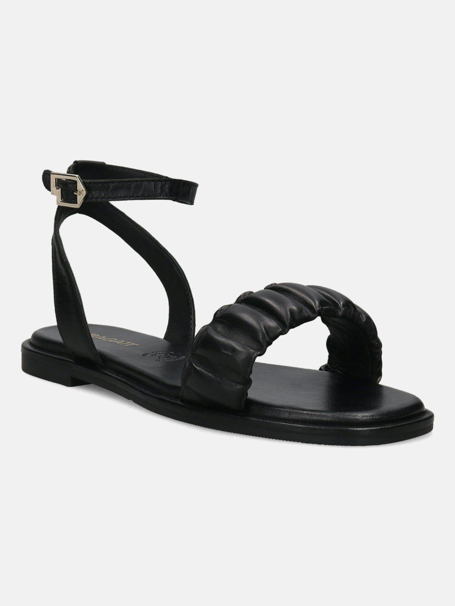 flower black women leather ankle strap flat sandals