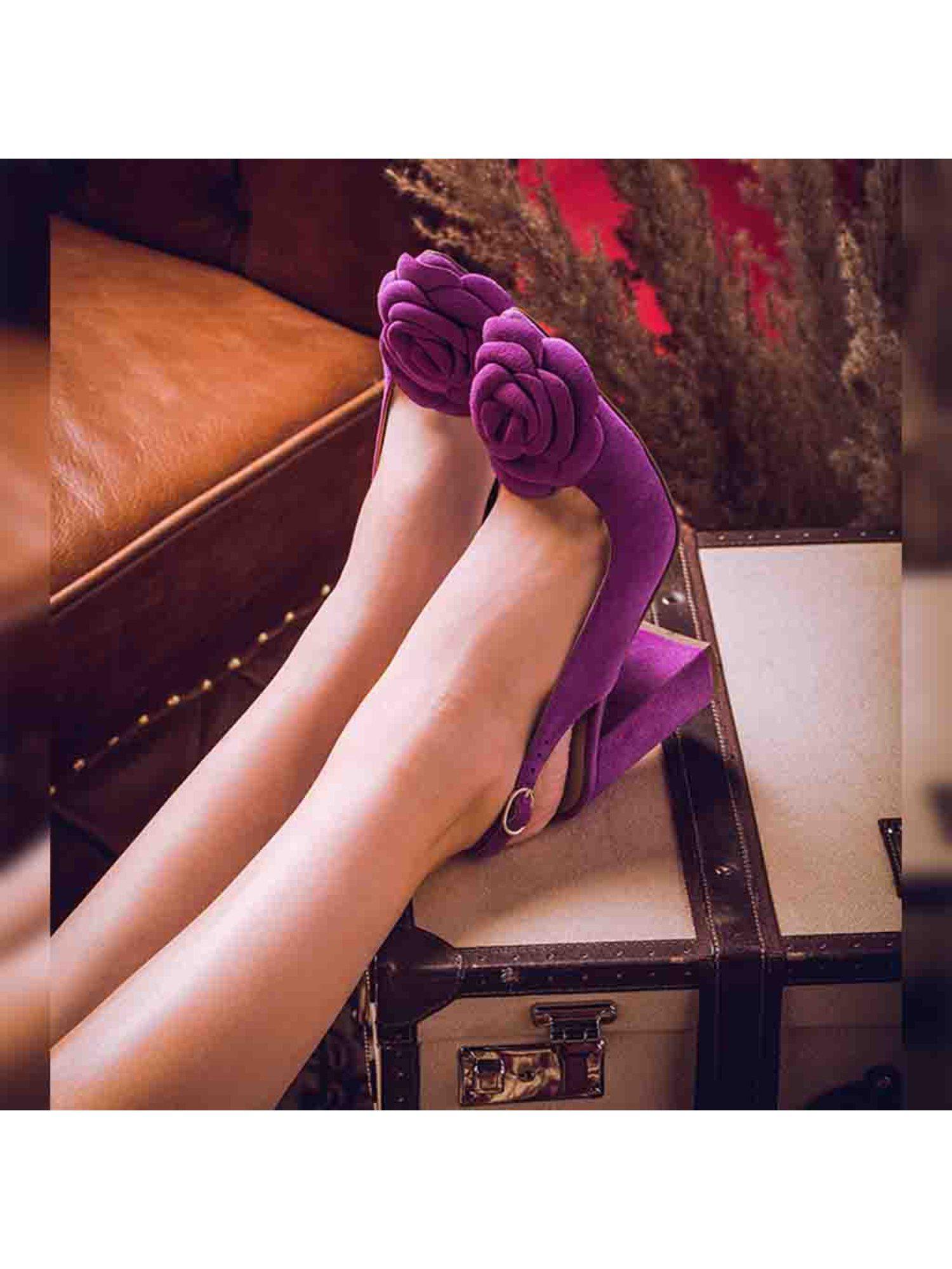 flower embellished purple suede leather pumps