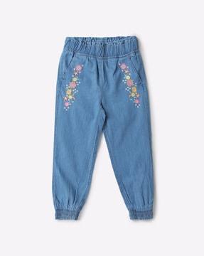 flower embroidered jeggings with elasticated waist