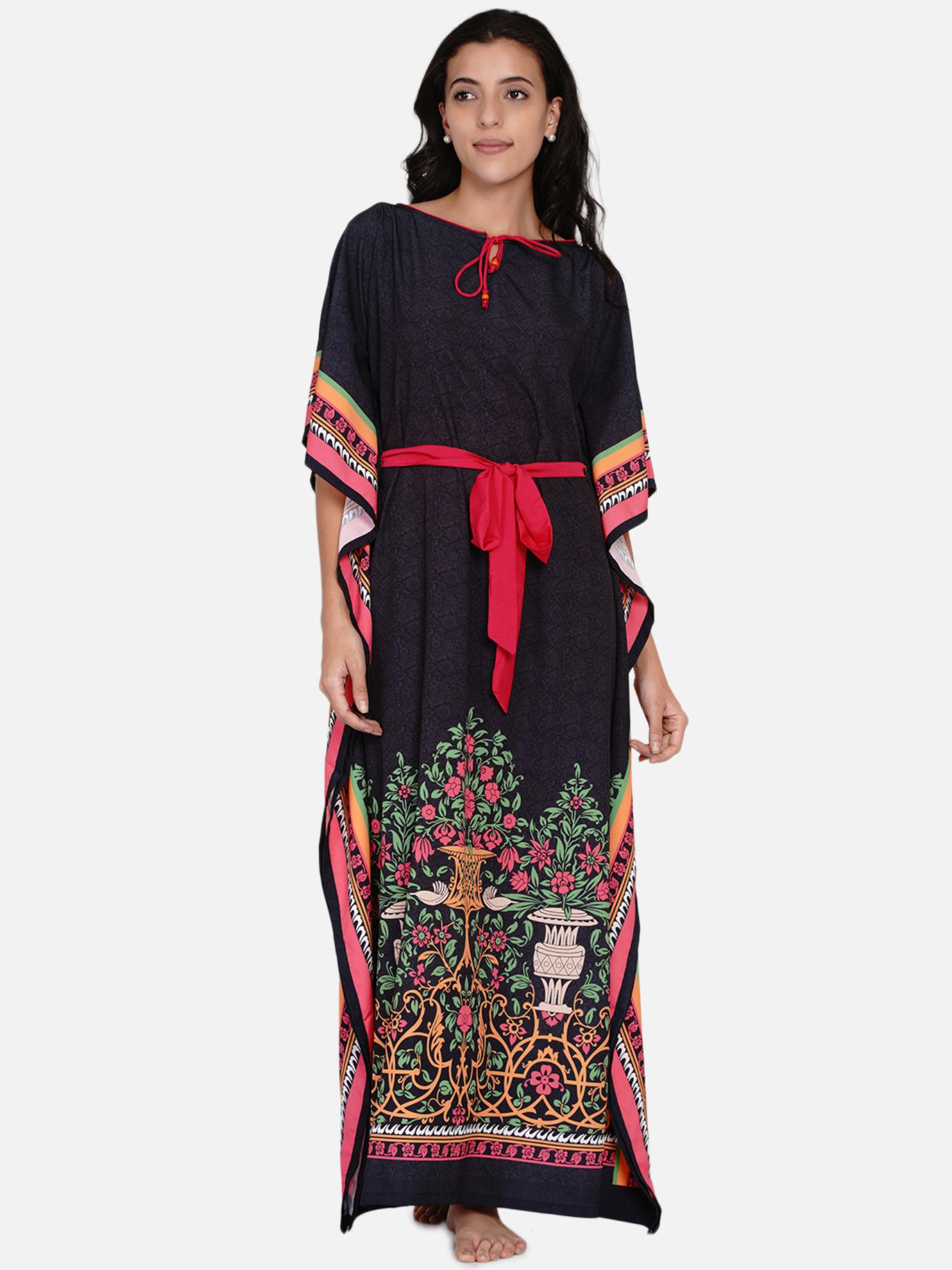 flower print kaftan with decorative border black