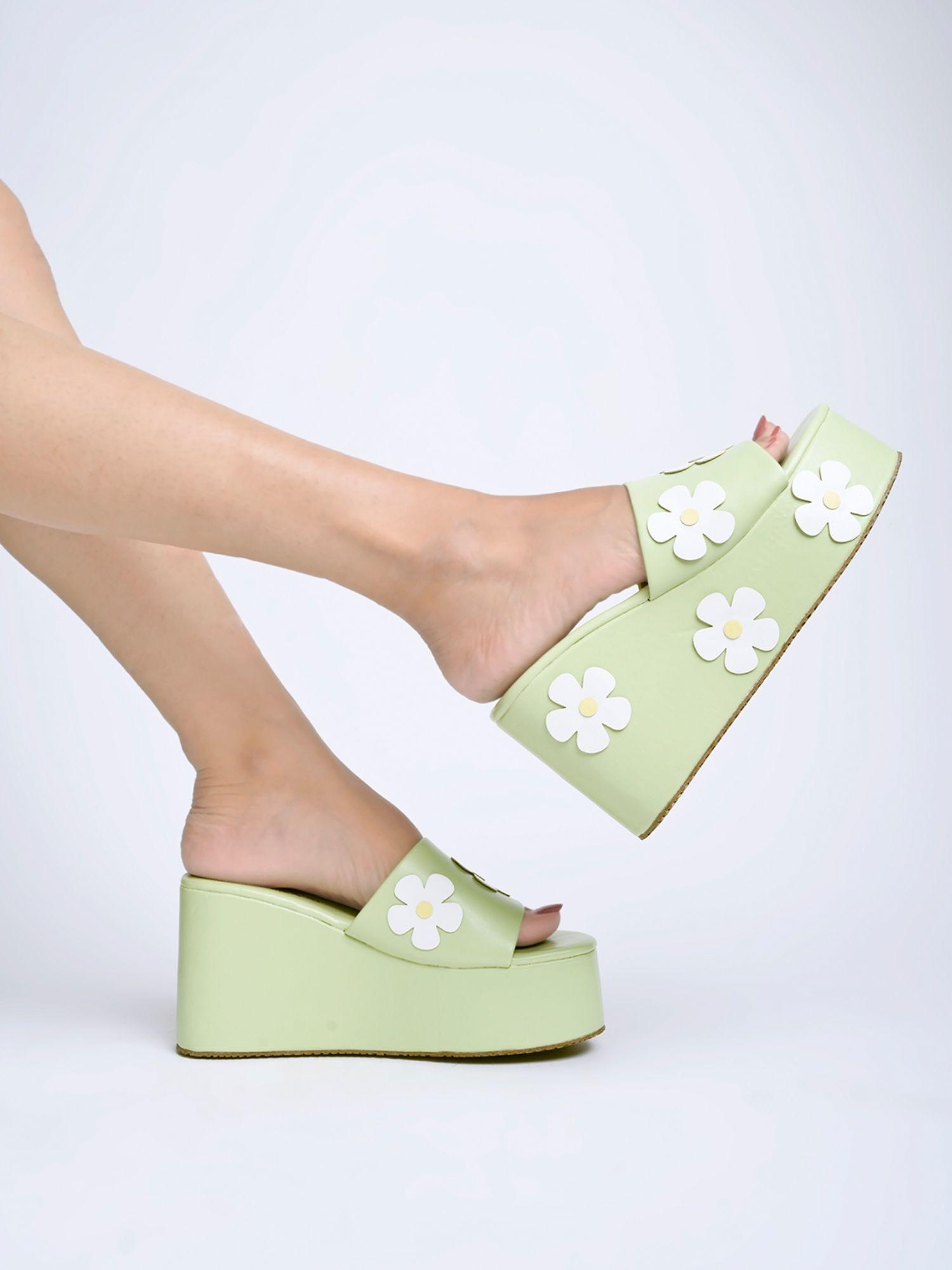 flower printed detailed green platform heels for women & girls