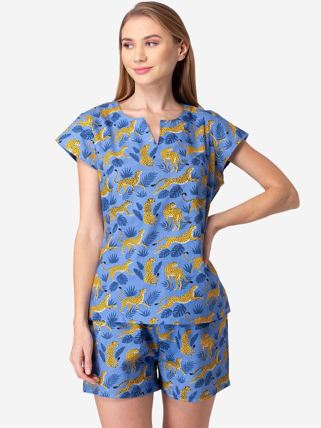 fluffalump blue & yellow printed pure cotton night suit