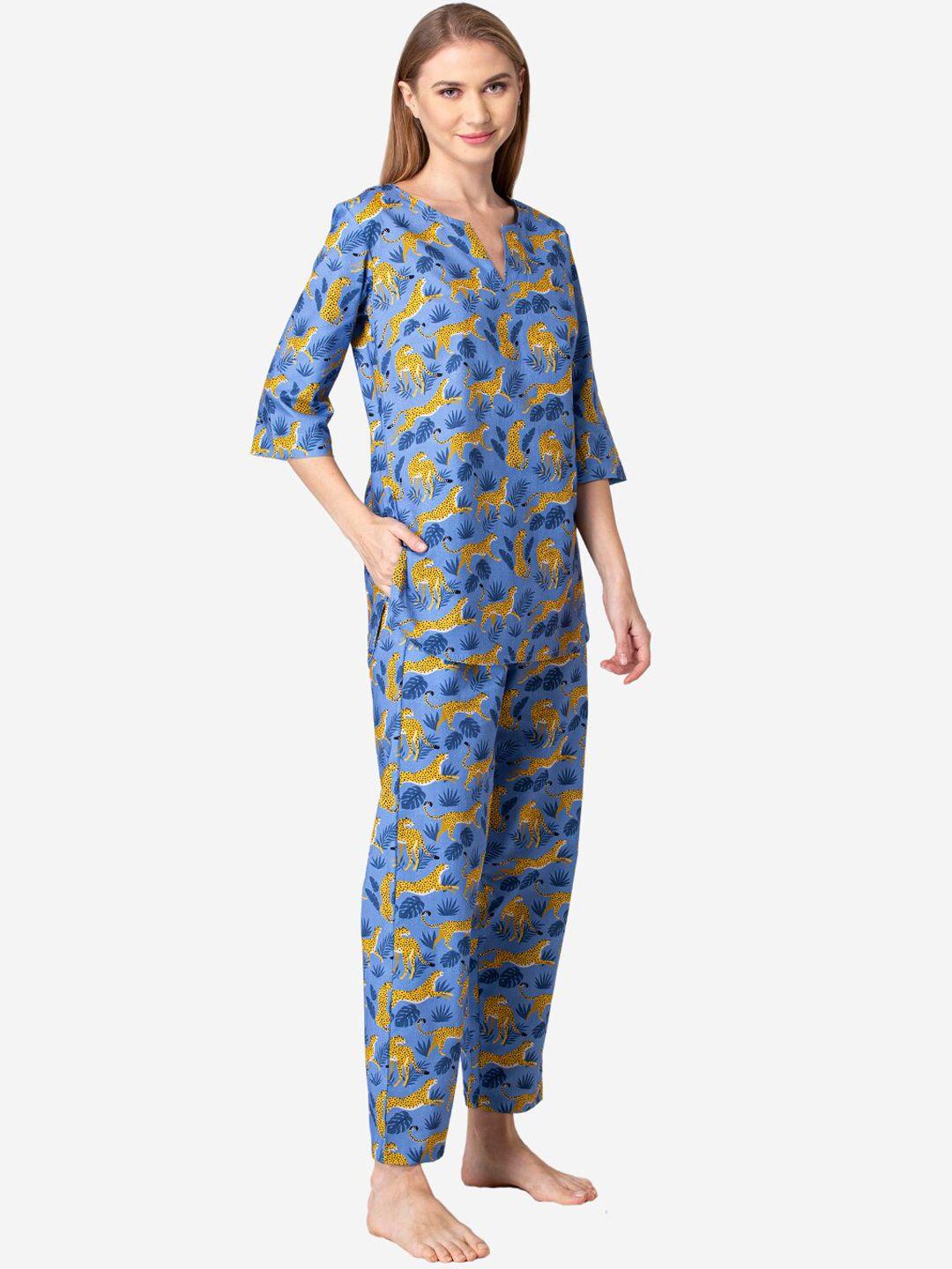 fluffalump women blue & yellow printed night suit