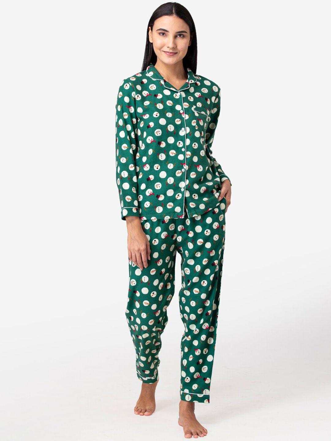 fluffalump women green & white printed flannel night suit
