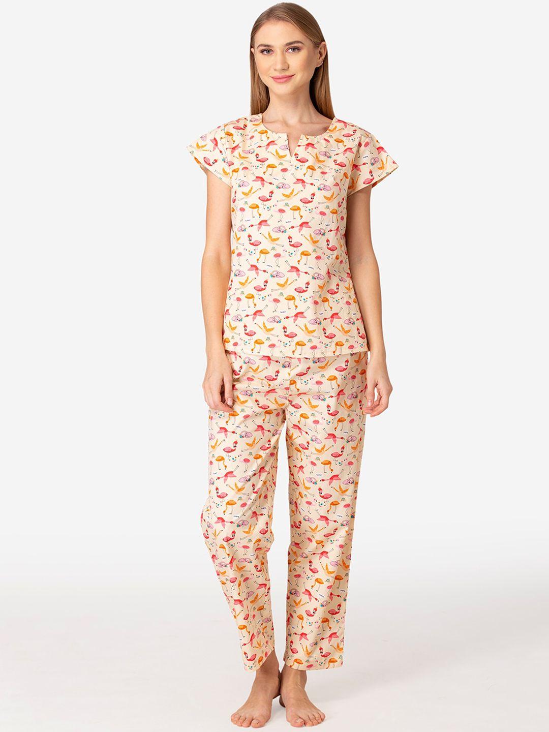 fluffalump women peach-coloured & yellow printed pure cotton night suit