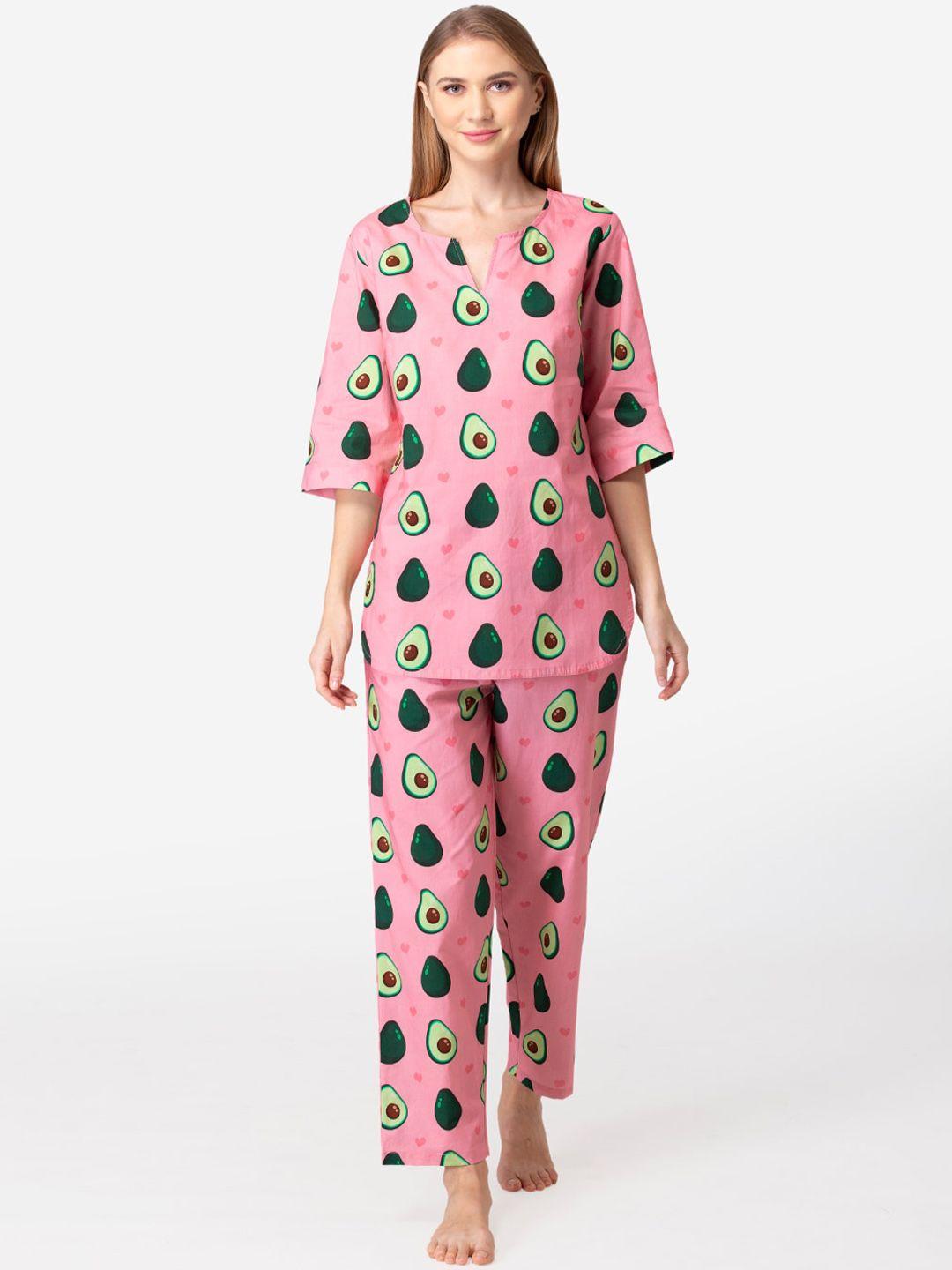 fluffalump women pink & green conversational printed pure cotton night suit