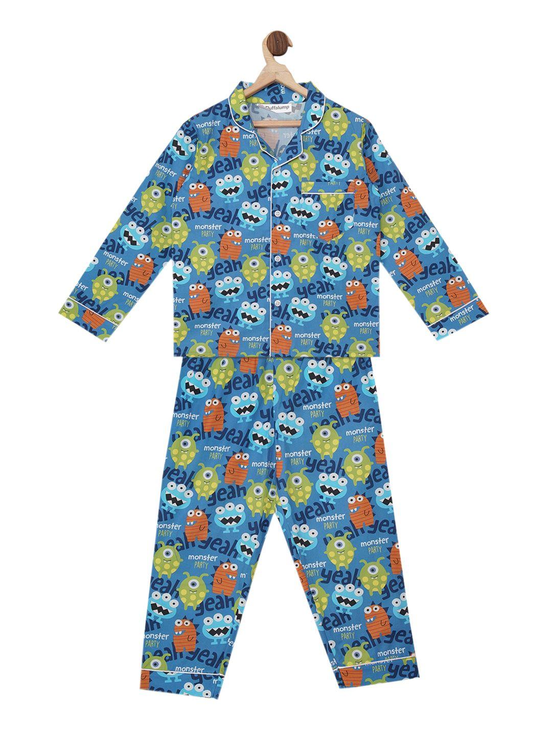 fluffalump kids blue & green monster party printed night suit