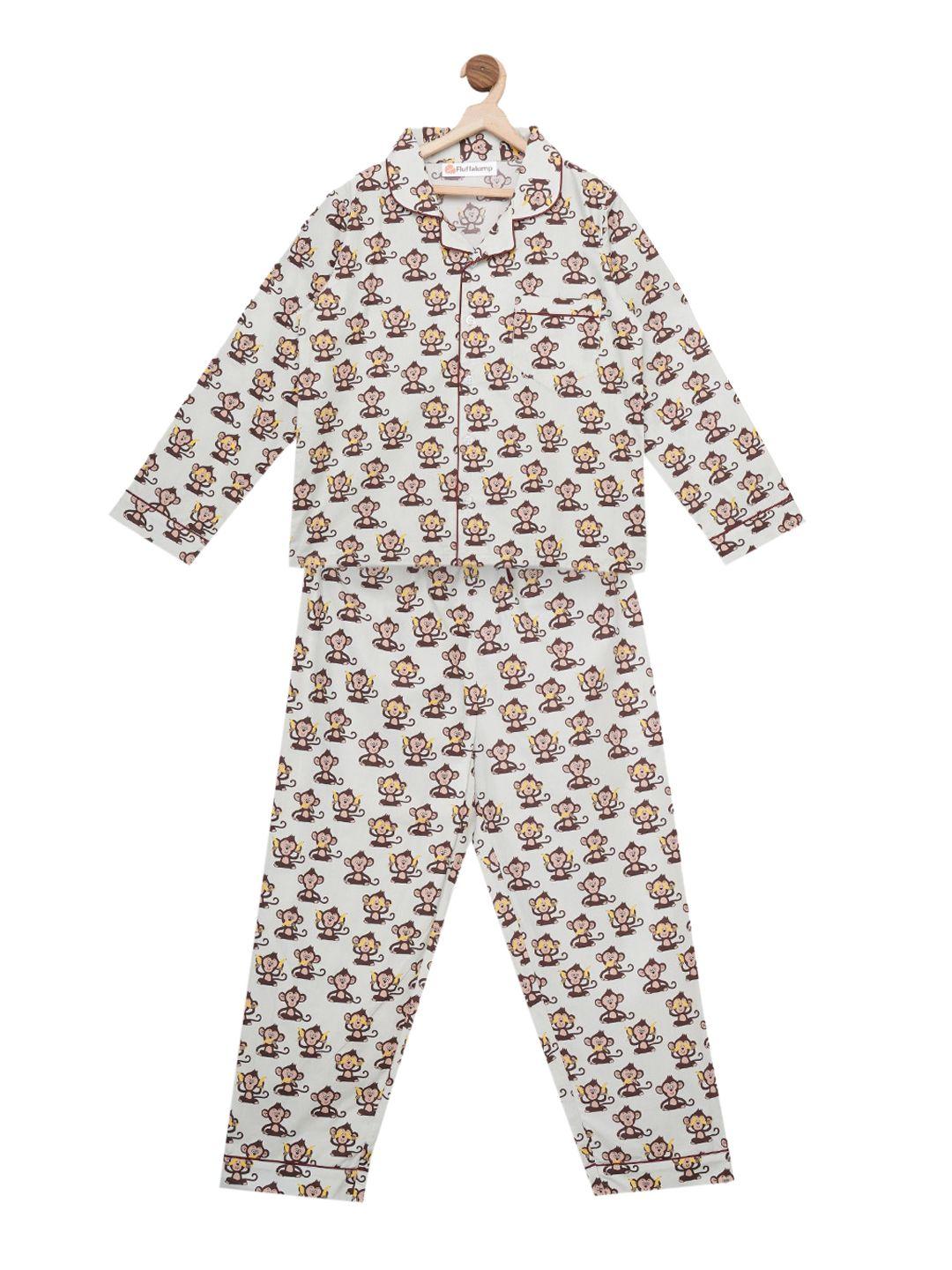 fluffalump kids off-white & brown gone bananas printed night suit