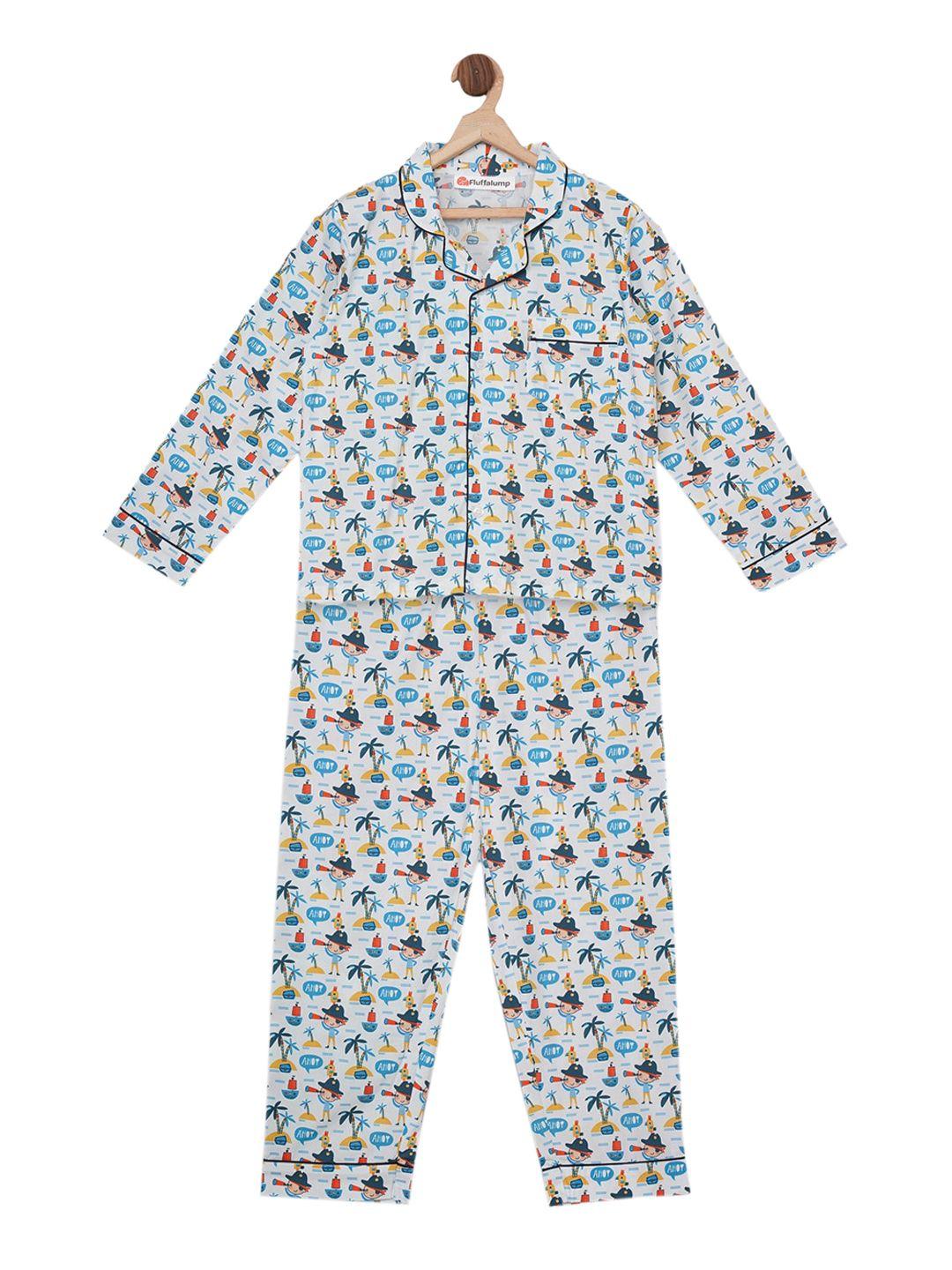 fluffalump kids white & blue printed night suit