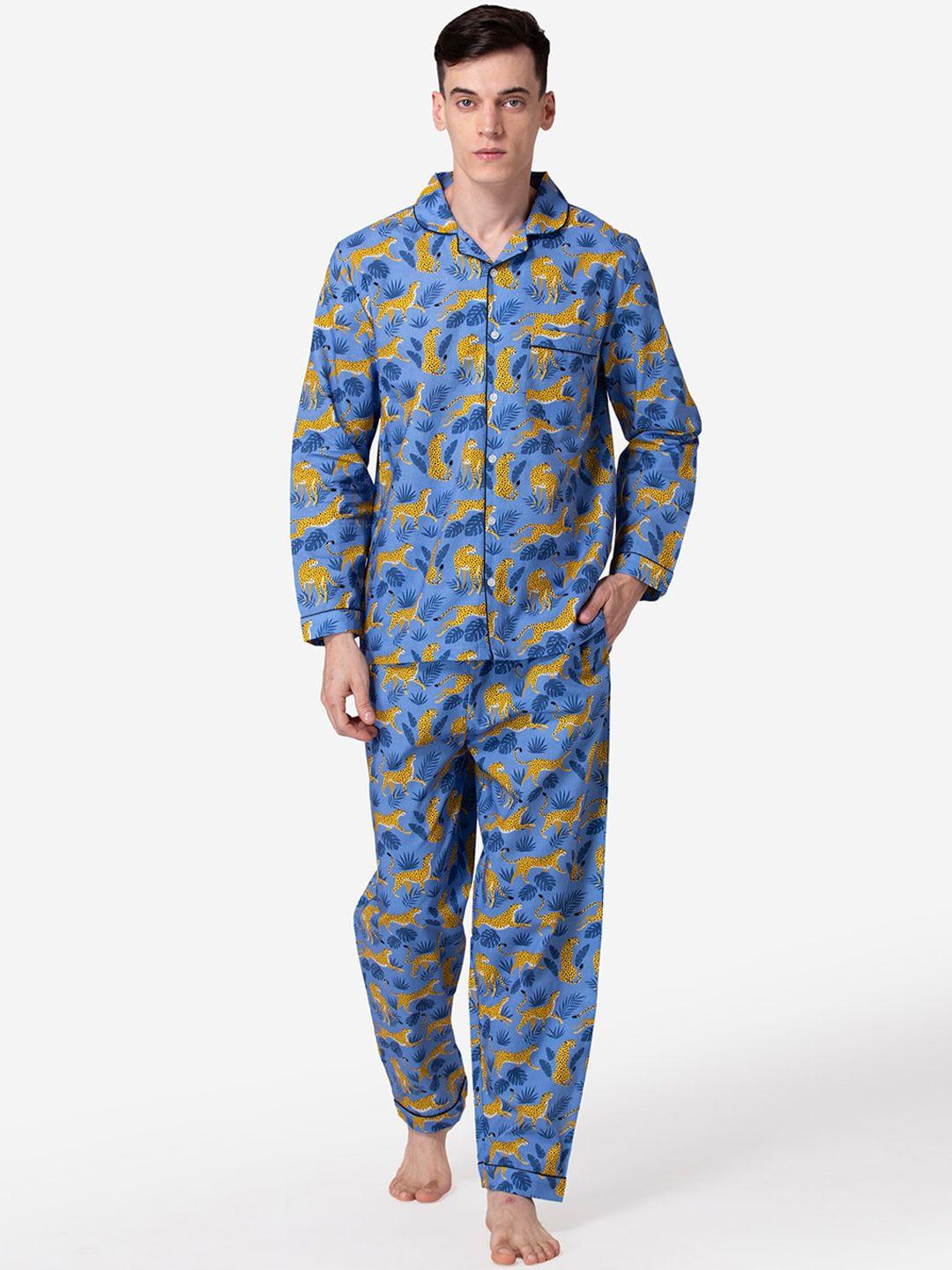 fluffalump men blue & yellow animal printed cotton night suit