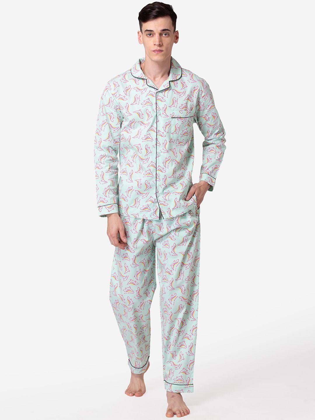 fluffalump men green & pink printed pure cotton night suit