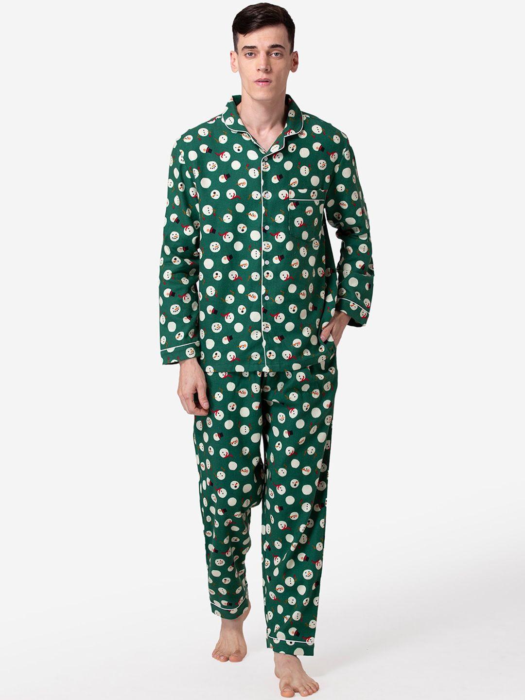 fluffalump men green & white printed flannel night suit