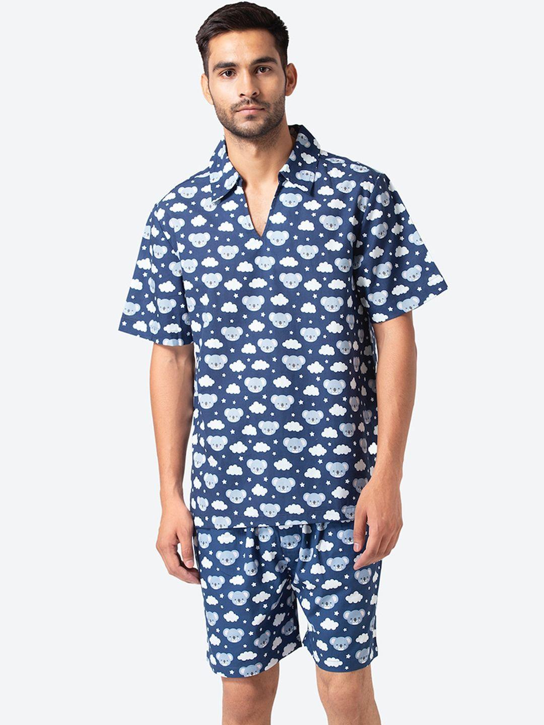 fluffalump men navy blue & grey cotton printed night suit