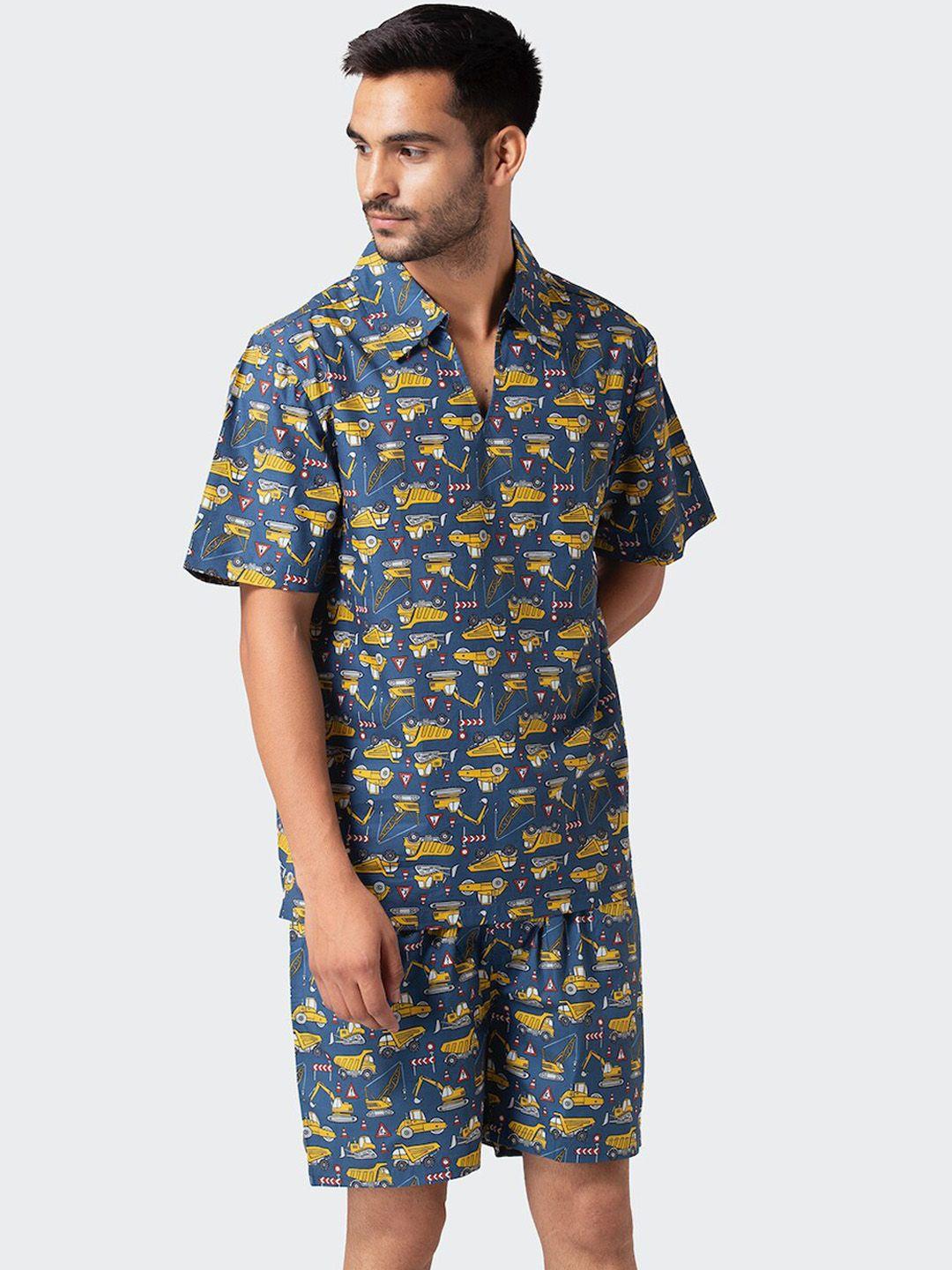 fluffalump men navy blue & yellow printed night suit