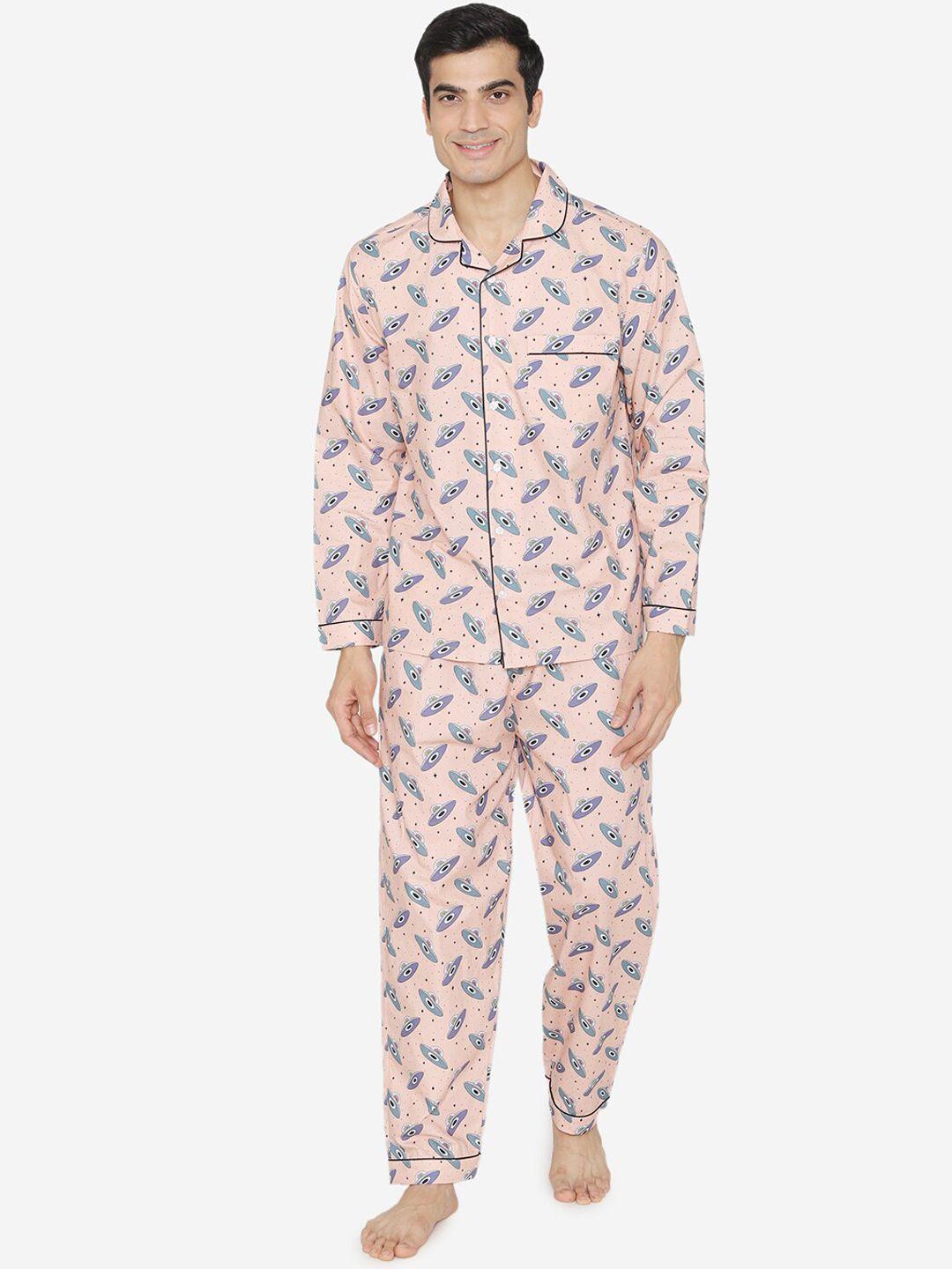 fluffalump men peach-coloured & blue printed night suit