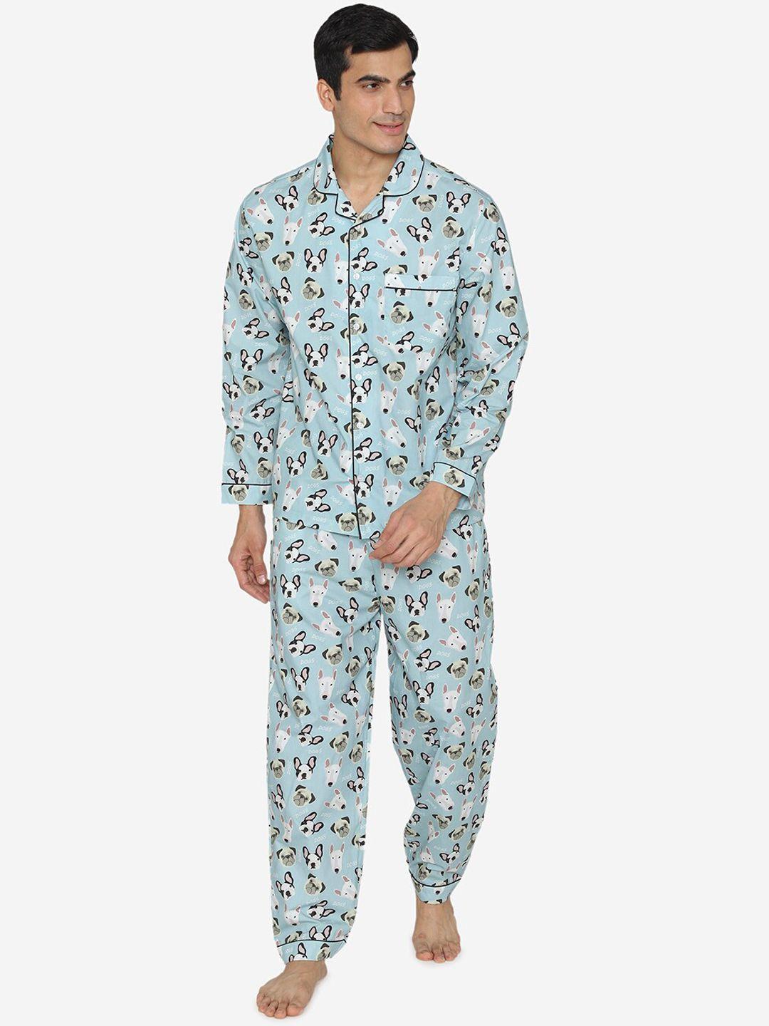 fluffalump men sea green & off-white printed night suit