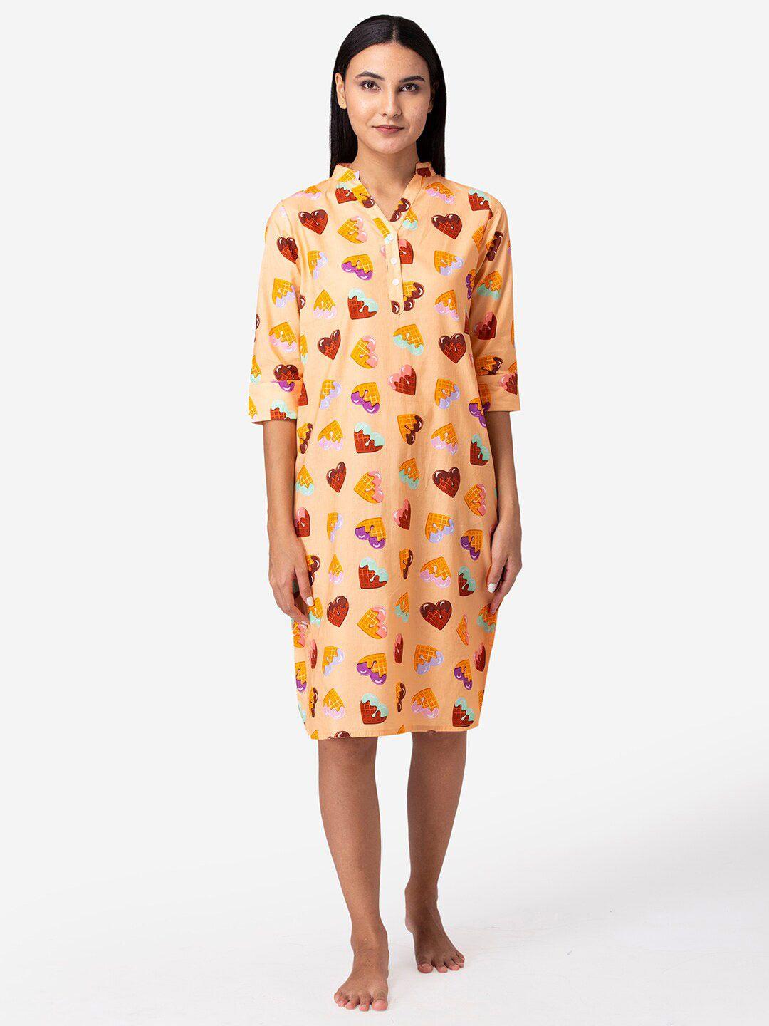 fluffalump peach-coloured printed pure cotton nightdress