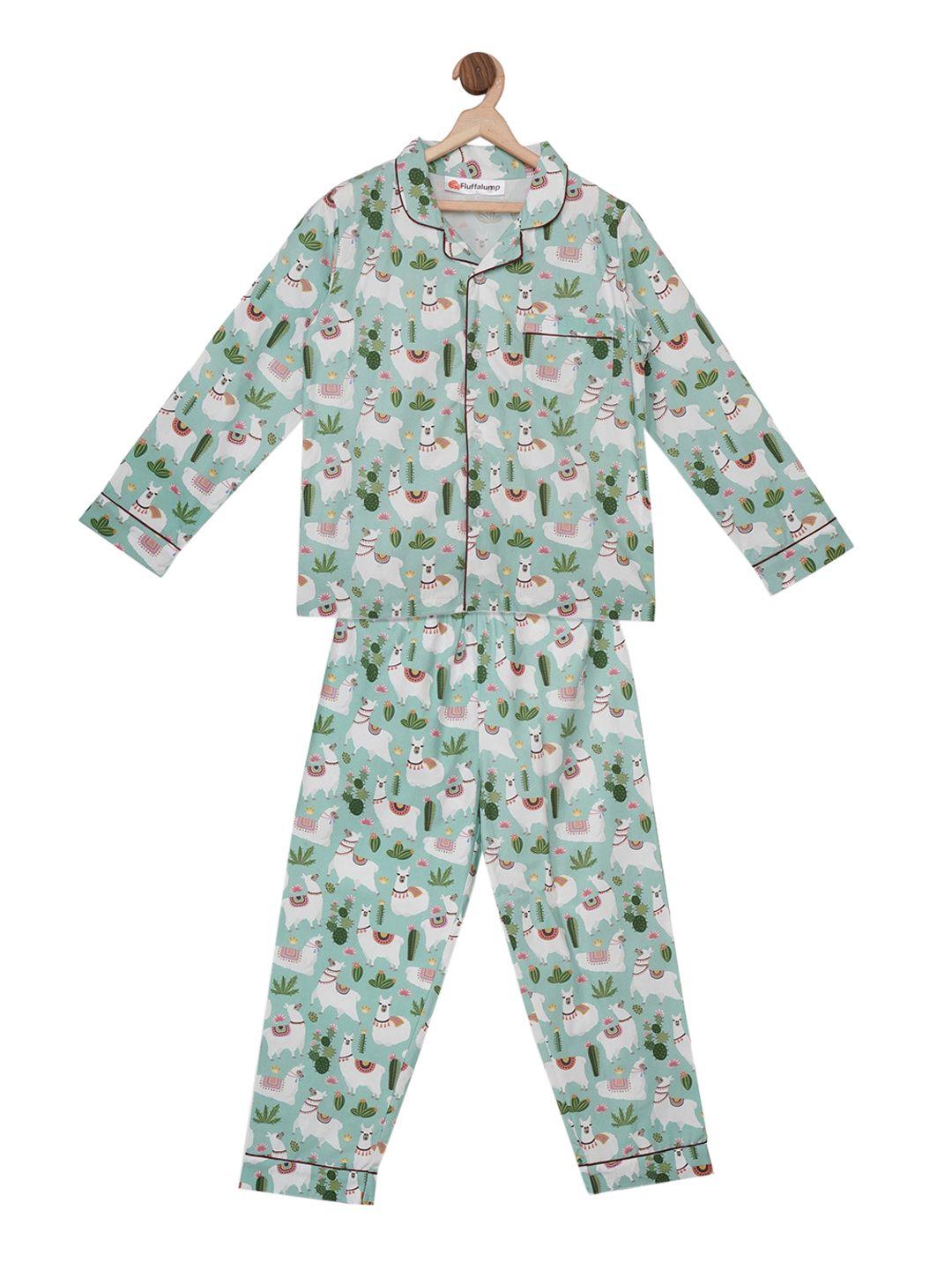 fluffalump unisex kids green & white printed night suit