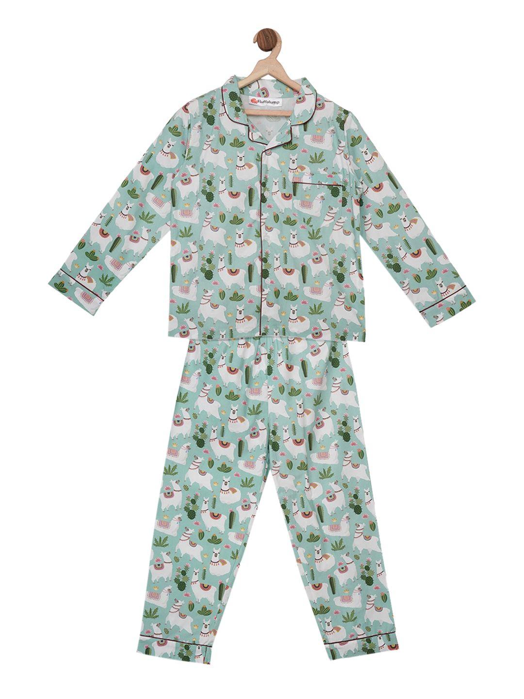 fluffalump unisex kids green & white printed night suit