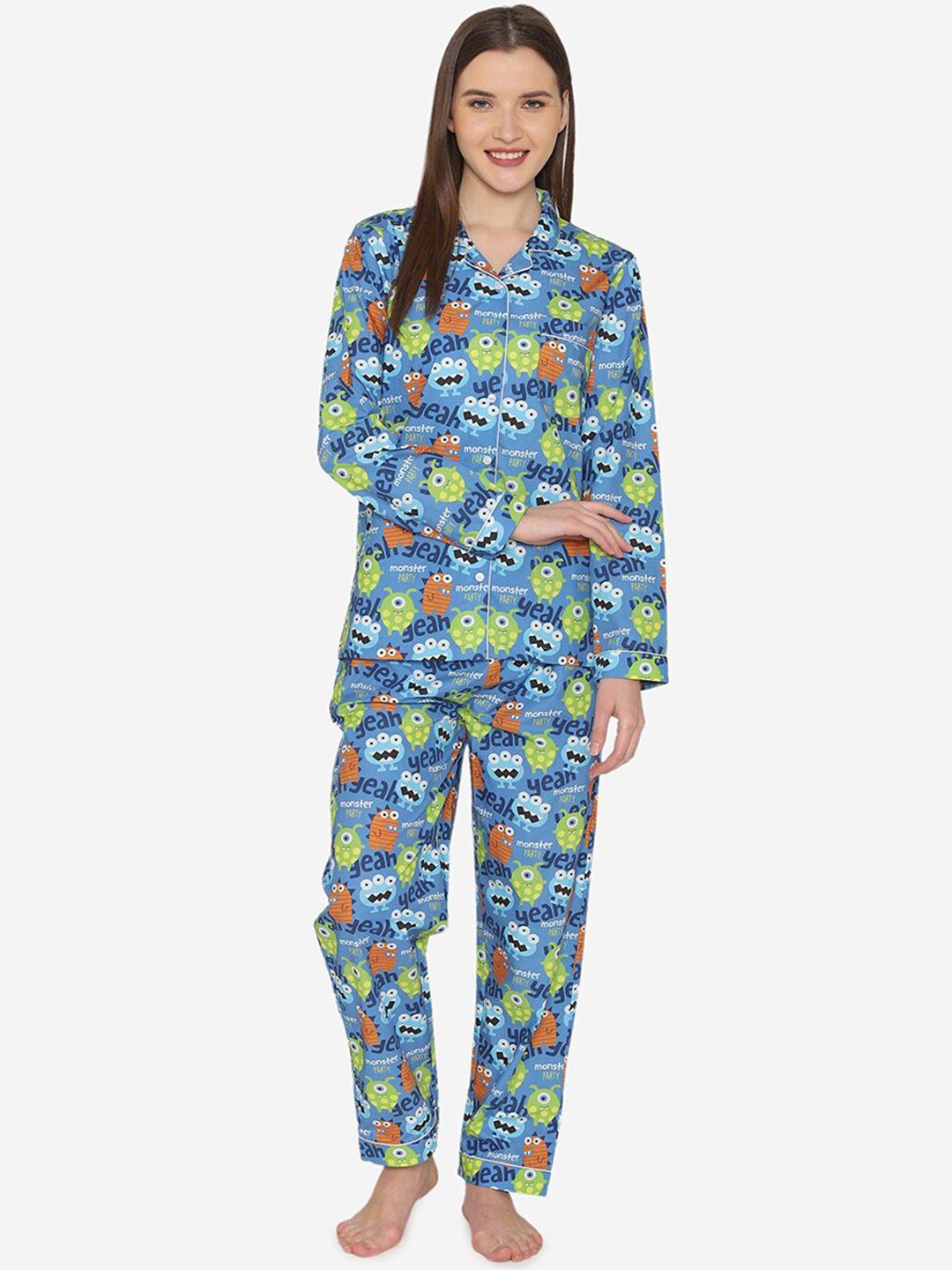 fluffalump women blue & green monster party printed night suit