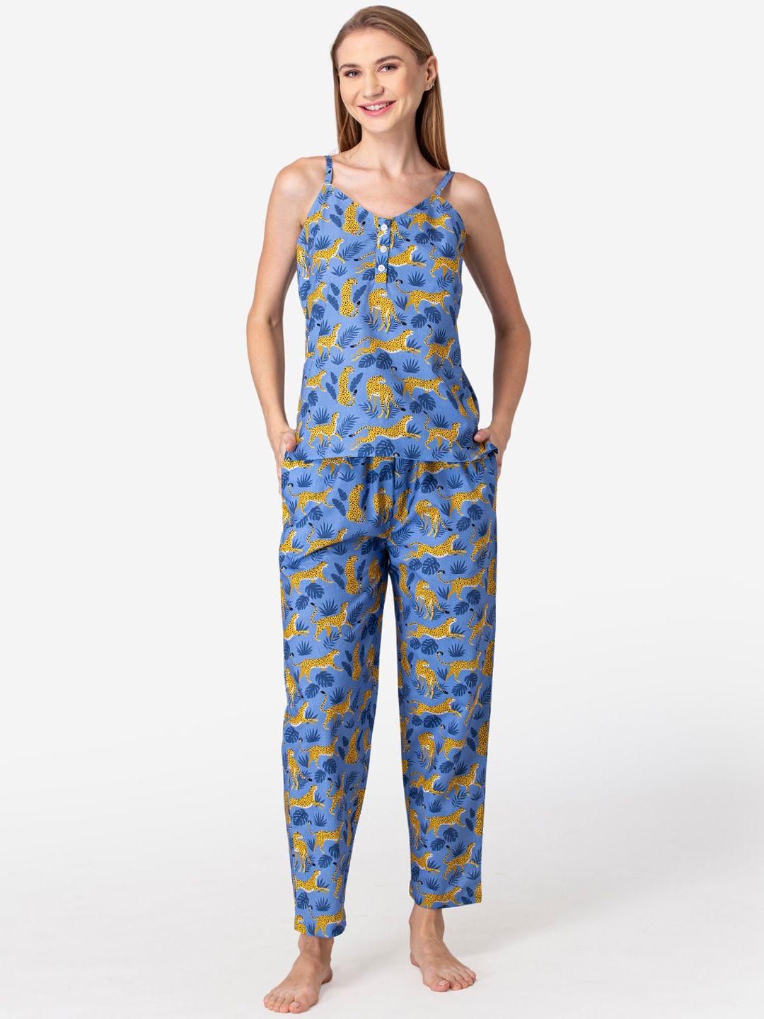 fluffalump women blue & yellow printed pure cotton night suit