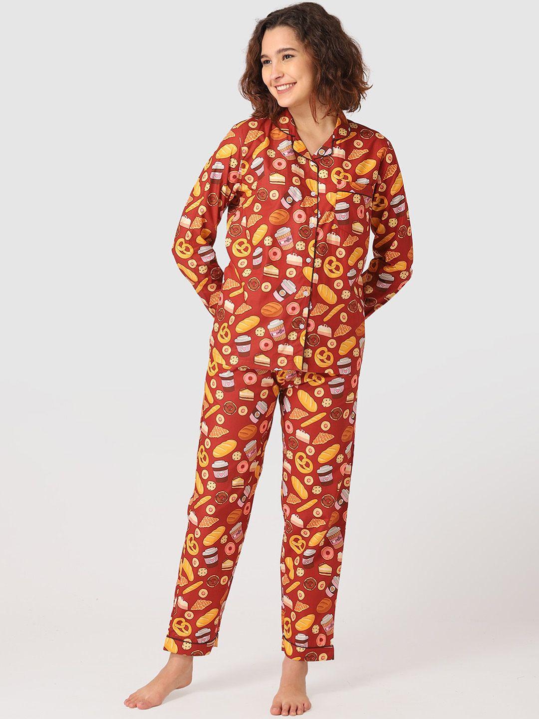 fluffalump women maroon & yellow printed night suit