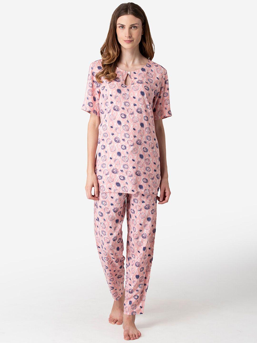 fluffalump women peach & blue printed viscose rayon nightsuit