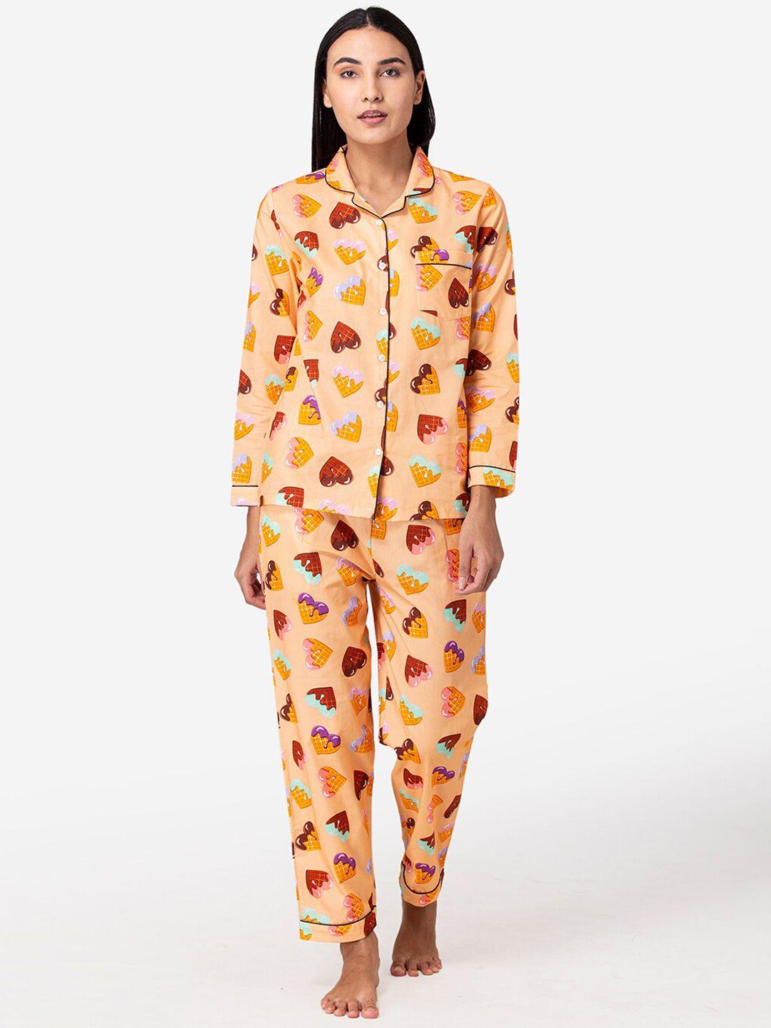 fluffalump women peach-coloured & brown printed night suit